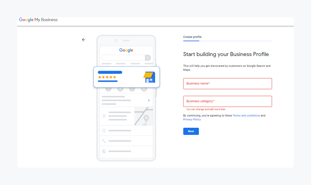 Google My Business sign-up screen asking for a business name and category to start a Business Profile