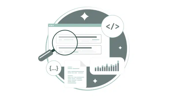 Search result under a magnifying glass, surrounded by code tags, a document and a bar chart