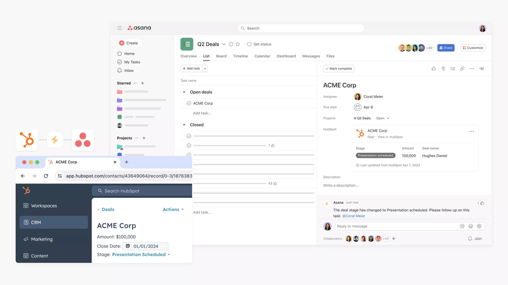 Asana task for a HubSpot deal showing its stage, amount and owner, beside the deal's record in HubSpot