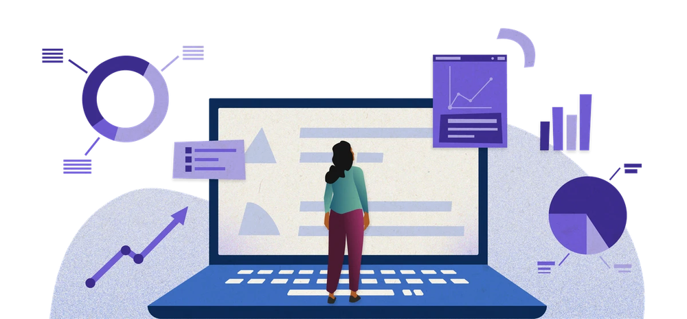Woman stands on a giant laptop reading the screen, surrounded by charts and graphs