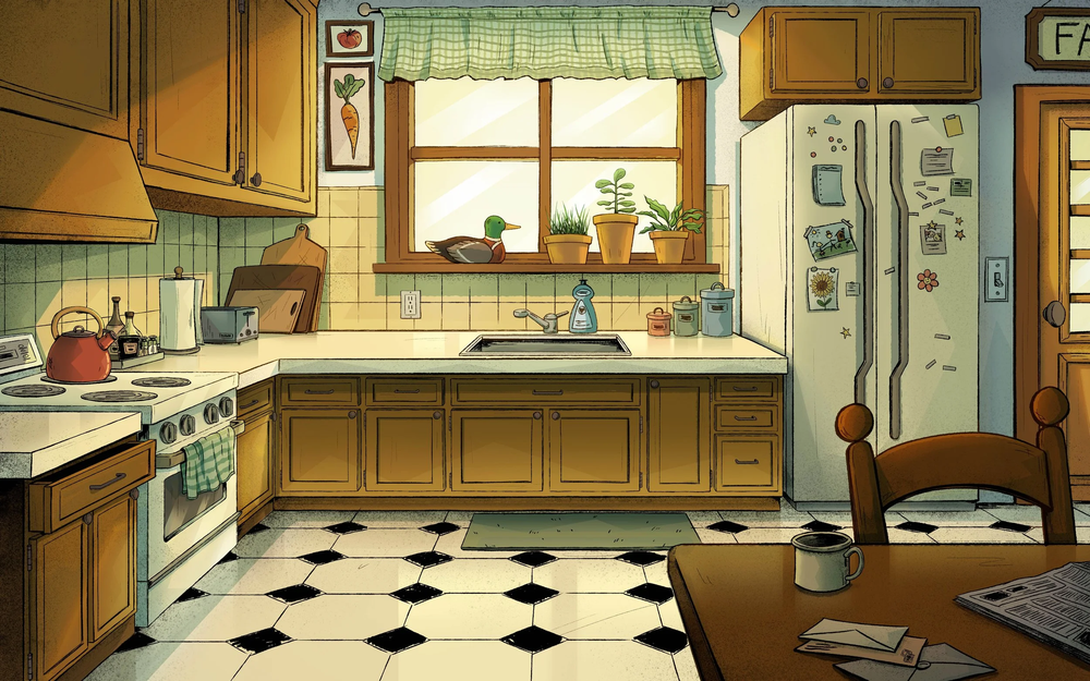 Illustrated retro kitchen with wood cabinets, a white fridge, checkered floor and plants on the windowsill