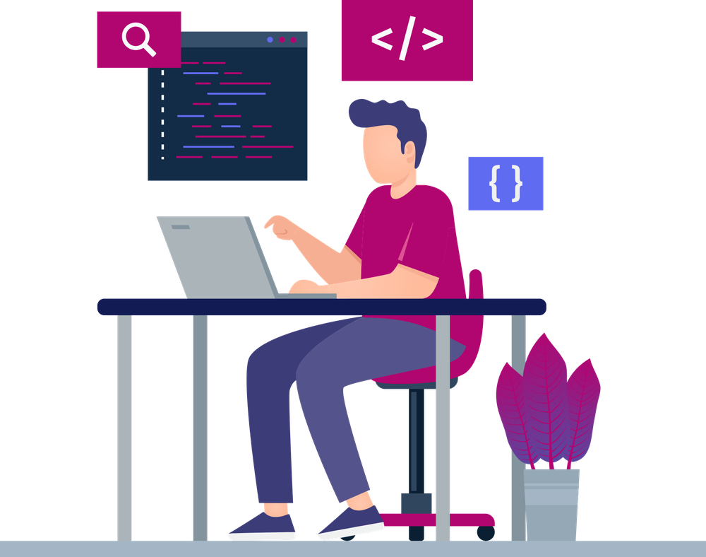 A developer coding at a laptop on a desk, with code panels around him