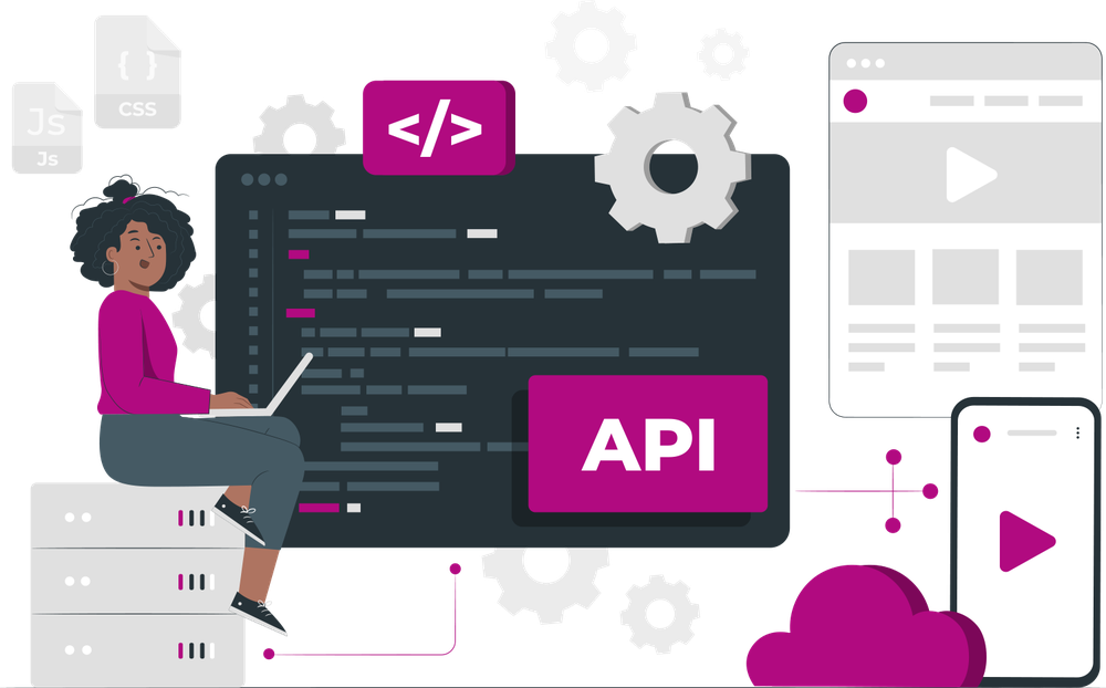 A developer coding on a laptop beside an API screen, a web page and a phone app