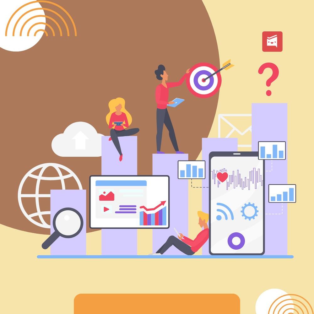 People on rising bar charts with a phone, ad dashboards and a target, planning a social media campaign