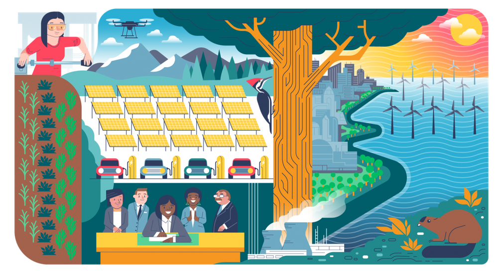 Climate solutions scene: solar panels over electric cars charging, offshore wind turbines, and officials signing a document