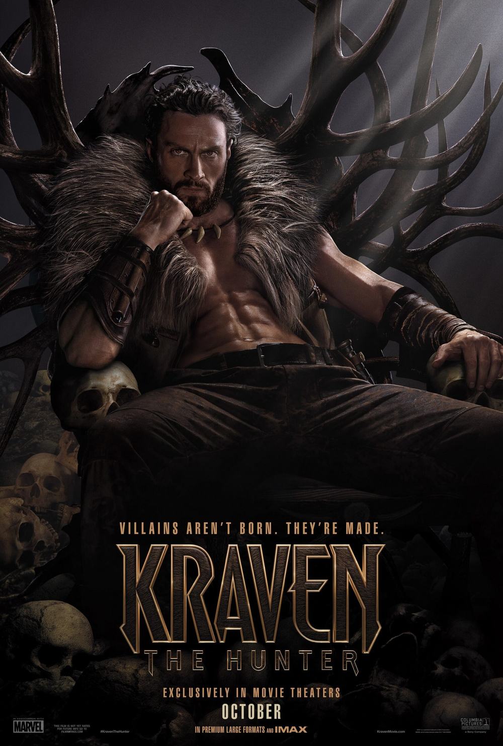 Kraven the Hunter poster: a bearded man in a fur collar on an antler throne over skulls; Villains aren't born. They're made.
