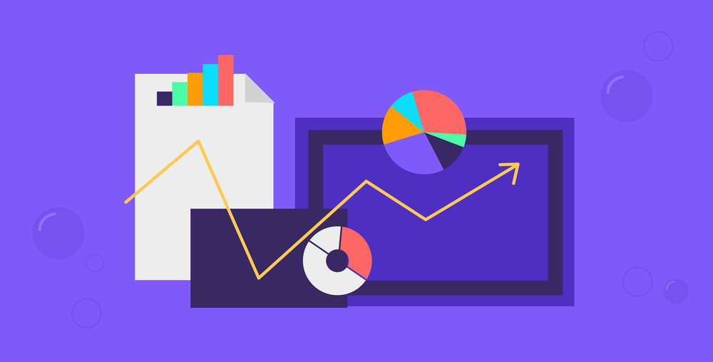 Report with bar and pie charts and a rising trend line on a purple background