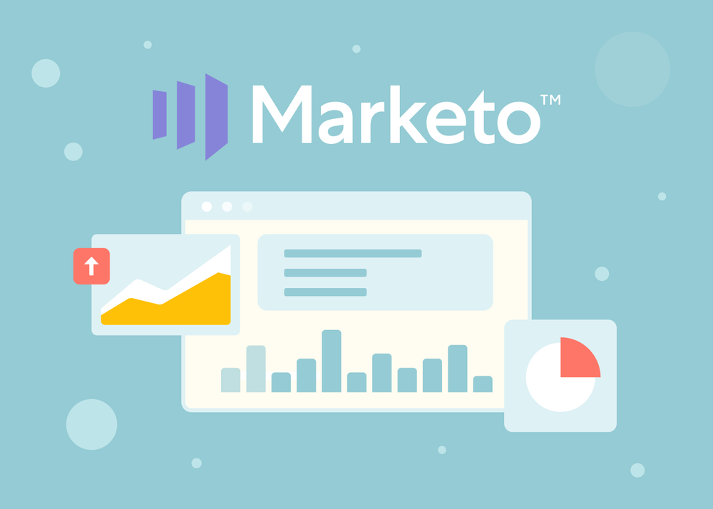 Marketo logo above an illustrated analytics dashboard with bar, line and pie charts