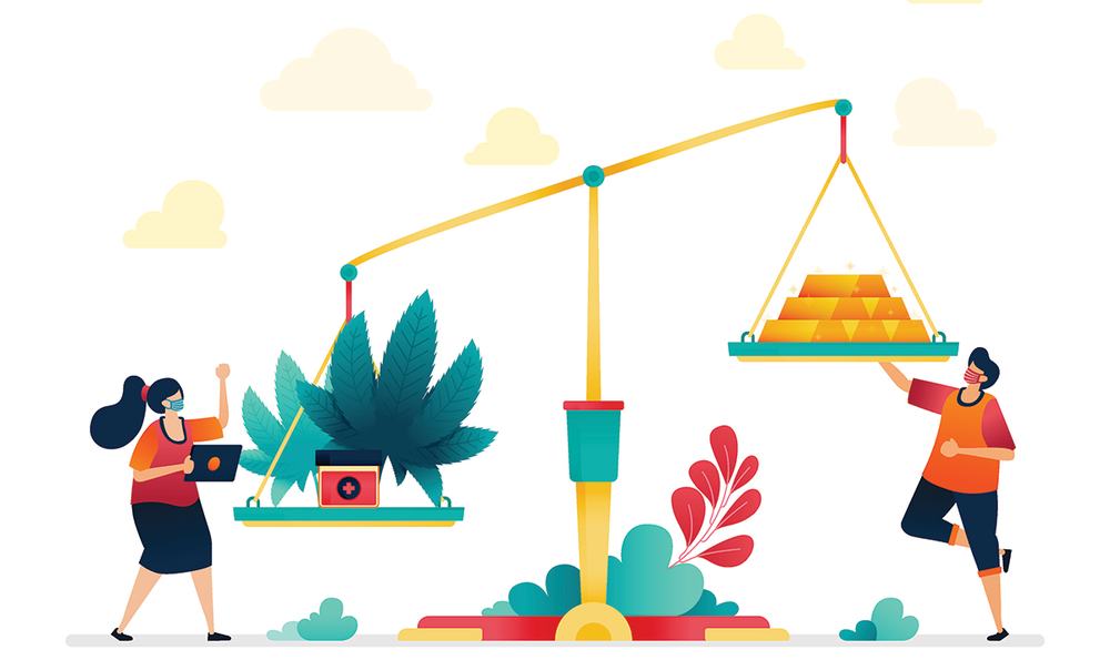 Balance scale weighing leafy plants and a medicine jar against gold bars, with a masked person on each side
