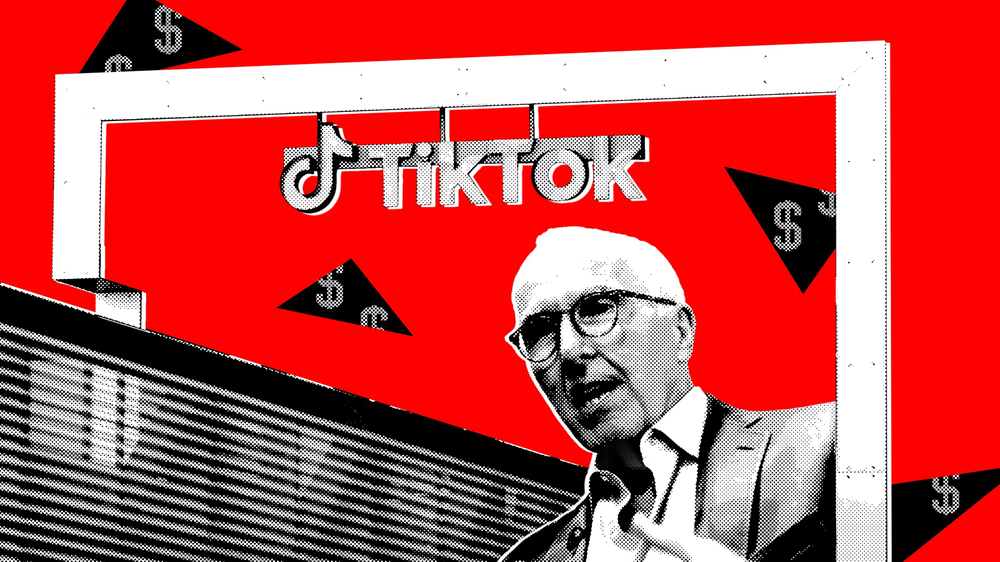 Collage of an older man in glasses beneath a TikTok sign, on a red background scattered with dollar-sign flags