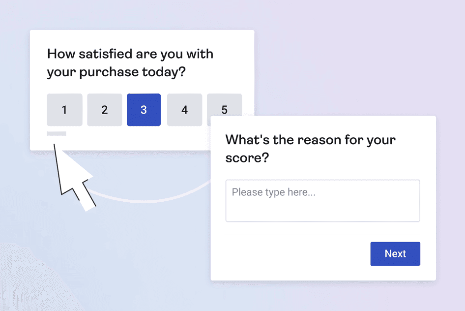 Post-purchase survey asking How satisfied are you with your purchase today? on a 1 to 5 scale, then why