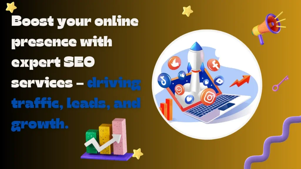 Rocket launching from a laptop amid social icons, beside 'Boost your online presence with expert SEO services'