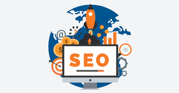 SEO on a computer monitor surrounded by a rocket, globe, coins, target and growth chart icons