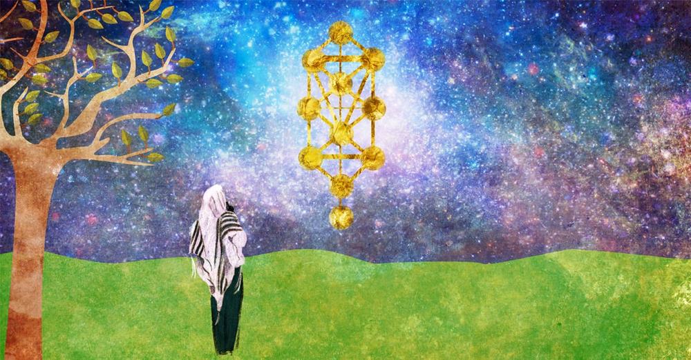Painting of a figure in a prayer shawl on a green hill, looking up at a golden Tree of Life in a starry sky