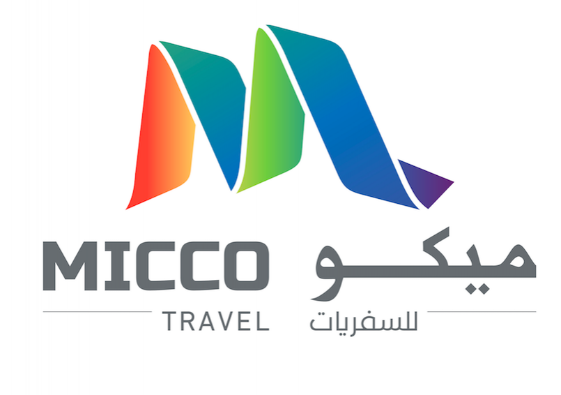 MICCO Travel logo, a multicolored ribbon M above the name in English and Arabic