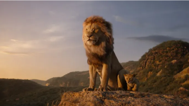 A lion sits on a rocky outcrop at sunset with a cub at his side, hills stretching behind them