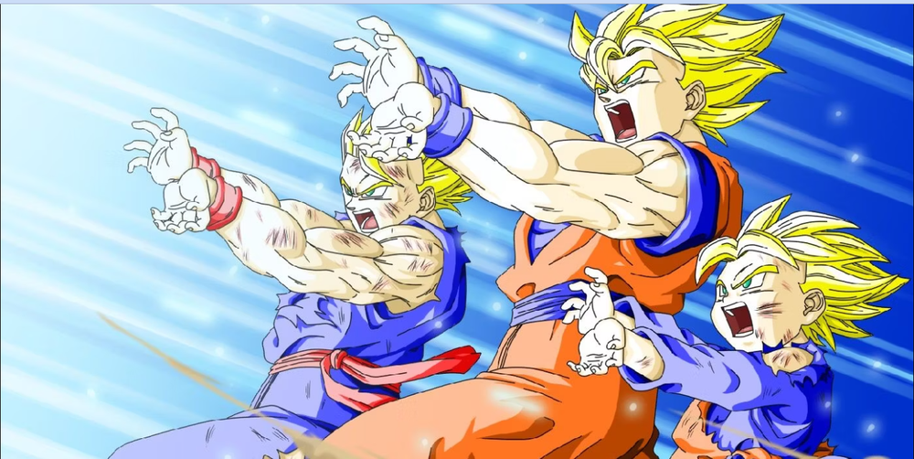 Dragon Ball Z art of Goku and two other Super Saiyans firing an energy blast together