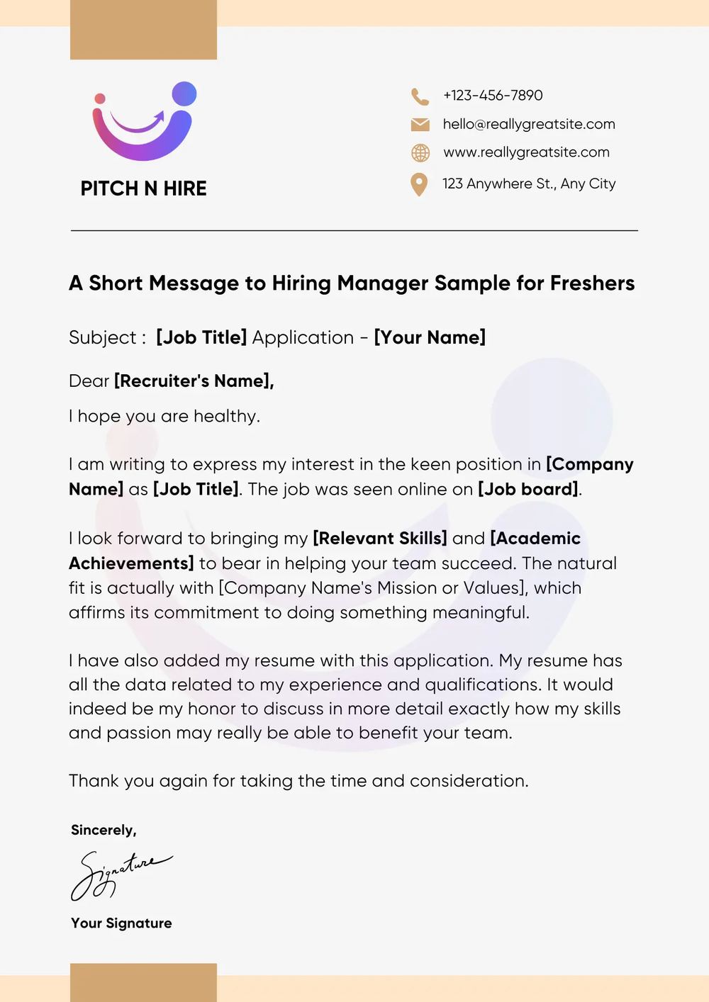 Pitch N Hire template of a short message to a hiring manager, with placeholders for job title and name