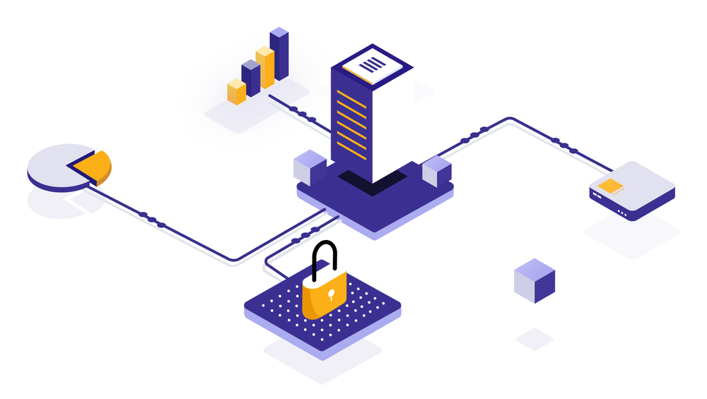 Isometric illustration of a central server connected to charts, a padlock and a device