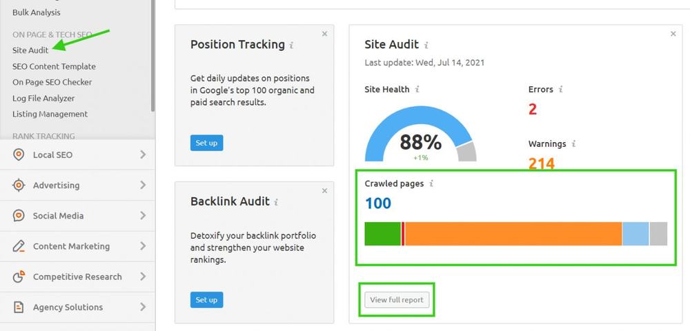 Semrush Site Audit dashboard showing 88% site health, 2 errors, 214 warnings and 100 crawled pages