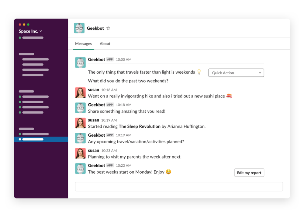 Slack chat in which the Geekbot app asks a teammate fun standup questions about weekends, reading and travel plans