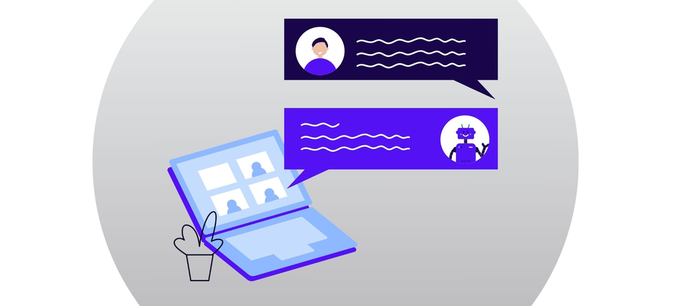 Illustrated chat between a person and a robot in speech bubbles rising from a laptop