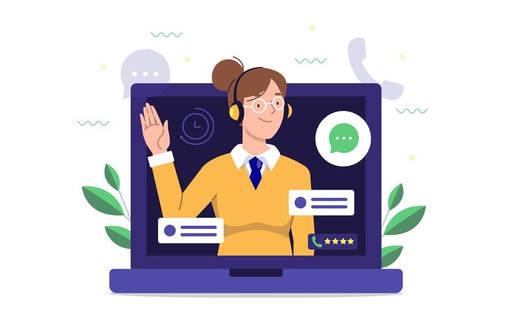Virtual assistant in a headset waving from a laptop screen, surrounded by chat bubbles and a four-star rating