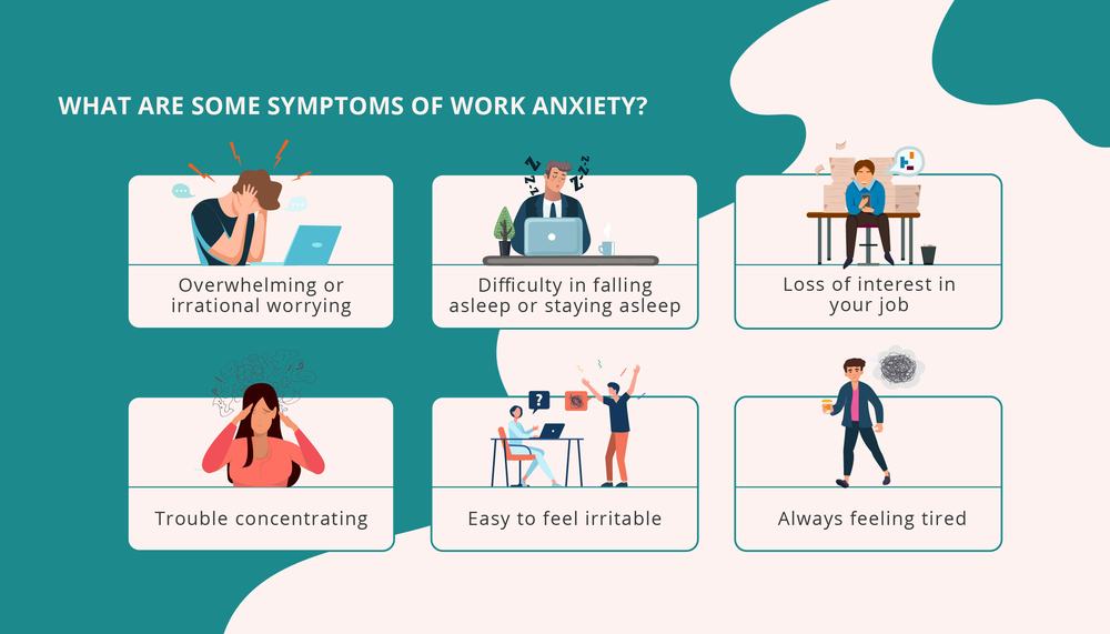 Symptoms of work anxiety: worrying, poor sleep, lost interest, trouble concentrating, irritability and constant tiredness