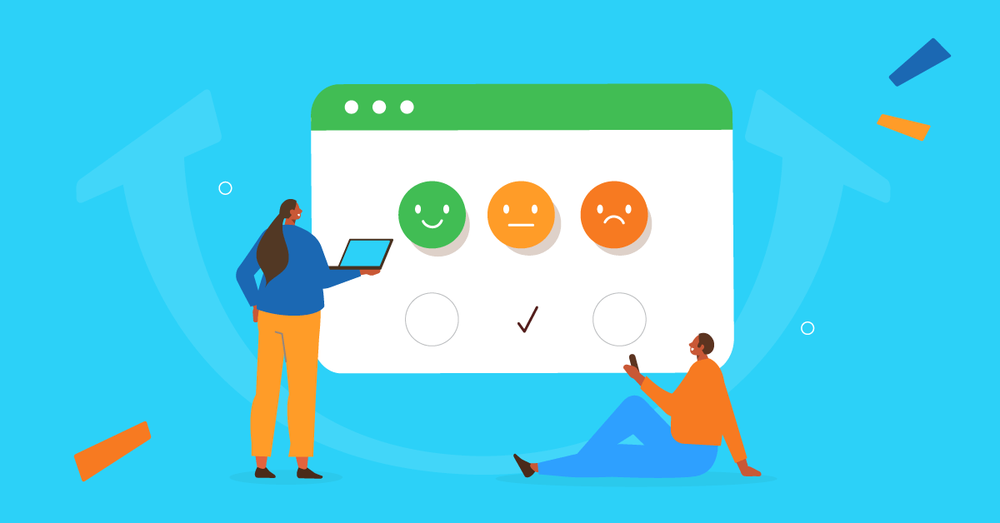 Illustration of two people beside a survey rating with happy, neutral and sad faces, the neutral one checked