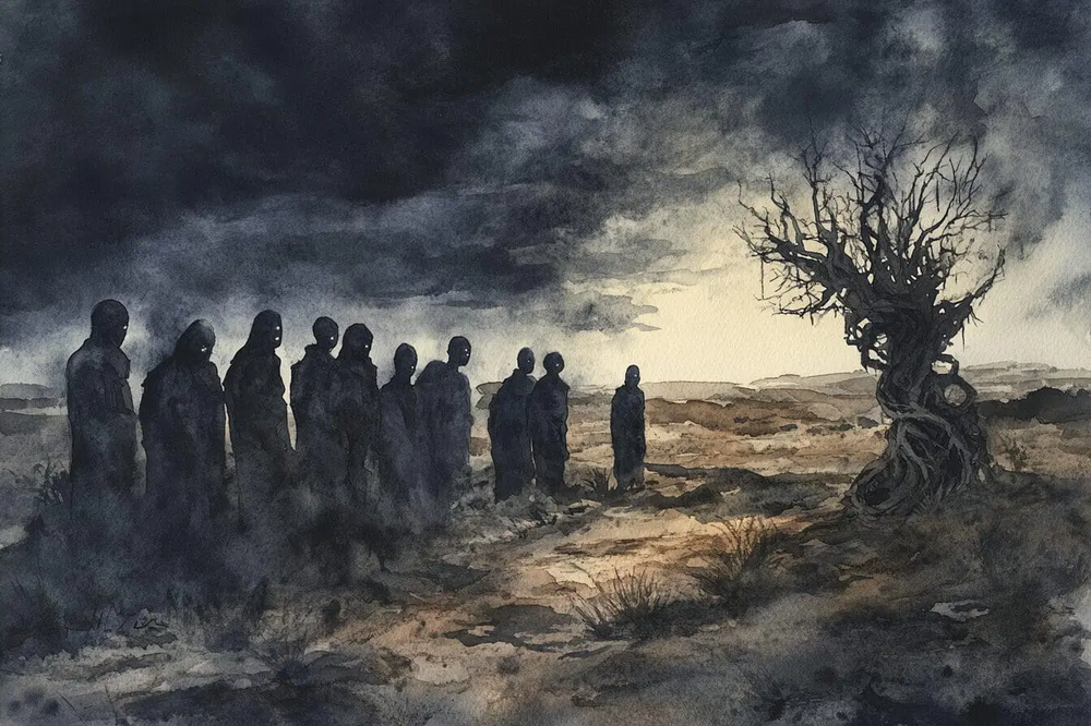 Watercolor of hooded, faceless figures standing in a barren wasteland beside a twisted dead tree under dark clouds