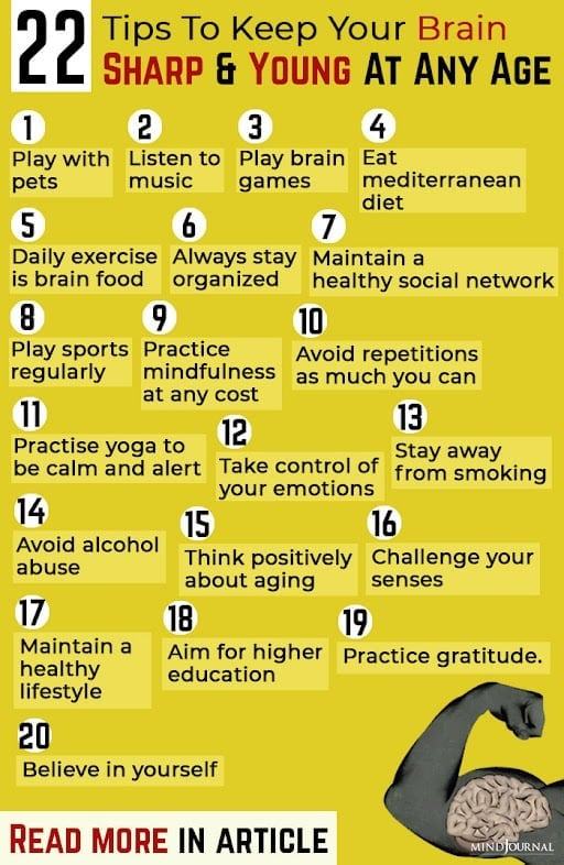 Mind Journal list of 22 tips to keep your brain sharp, from playing brain games to aiming for higher education