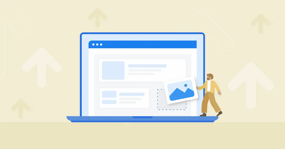 Illustrated man placing an image into a web page layout on a laptop screen, with upward arrows behind