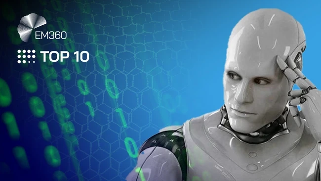 EM360 Top 10 graphic: a humanlike white robot touches its temple as if thinking, beside green binary code
