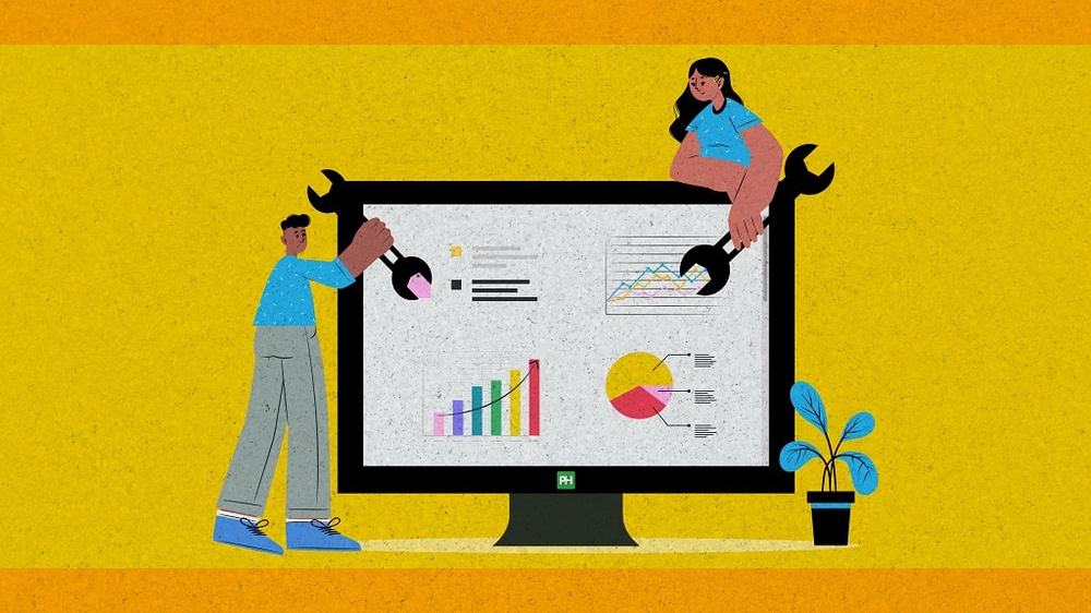 Two people use giant wrenches to tune a monitor showing bar, line and pie charts on a project dashboard