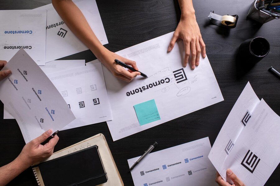 Hands marking up printed logo and brand identity concepts on a dark table