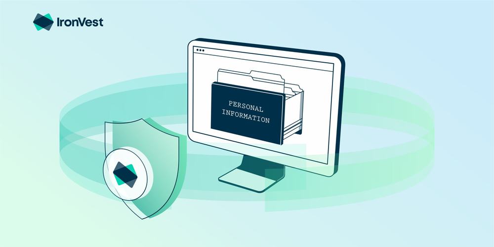 IronVest logo beside a shield and a computer screen showing a drawer labeled Personal Information