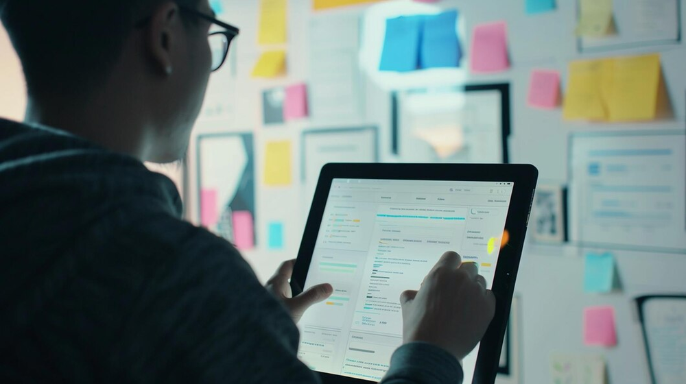 A man reviewing research data on a tablet in front of a wall of sticky notes