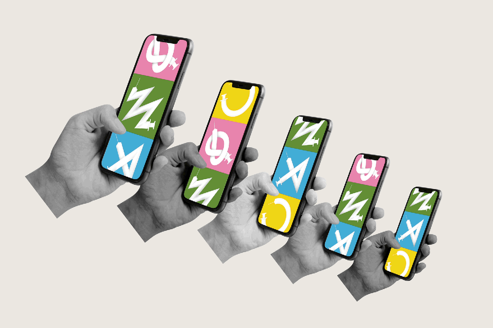 Hands holding a row of phones whose screens show bent syringes on bright pink, green, blue and yellow tiles