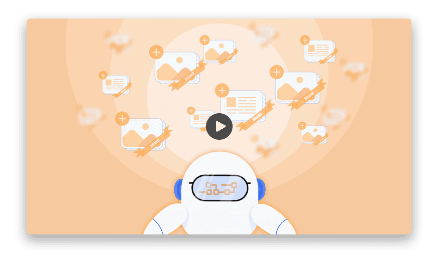 Video player showing a robot beneath floating social posts tagged Brand
