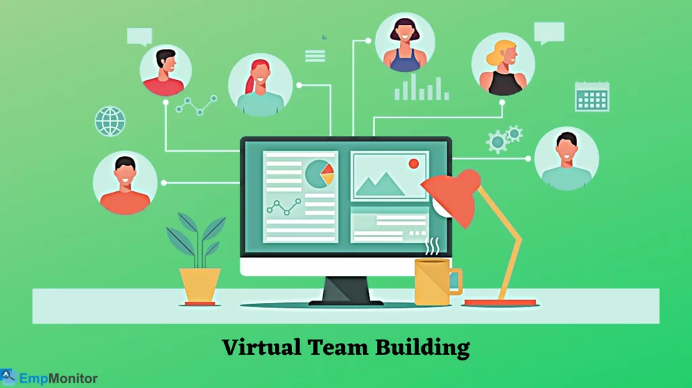 Virtual Team Building: a desktop monitor with charts, linked to the faces of six remote team members