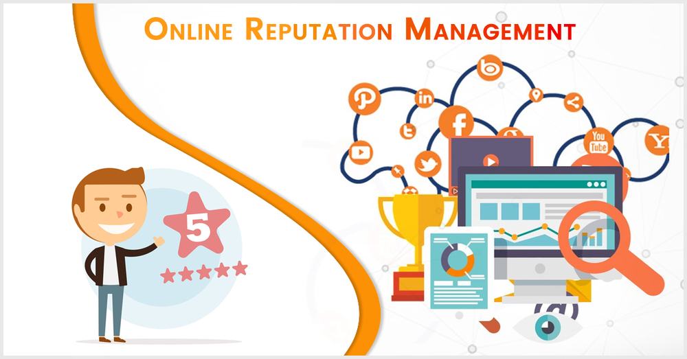 Online Reputation Management banner: a smiling man by a five-star rating, with social icons, a trophy and analytics screens