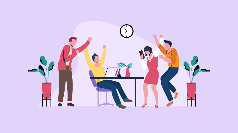 Illustration of four coworkers cheering around a desk, a laptop showing a rising chart and a clock on the wall