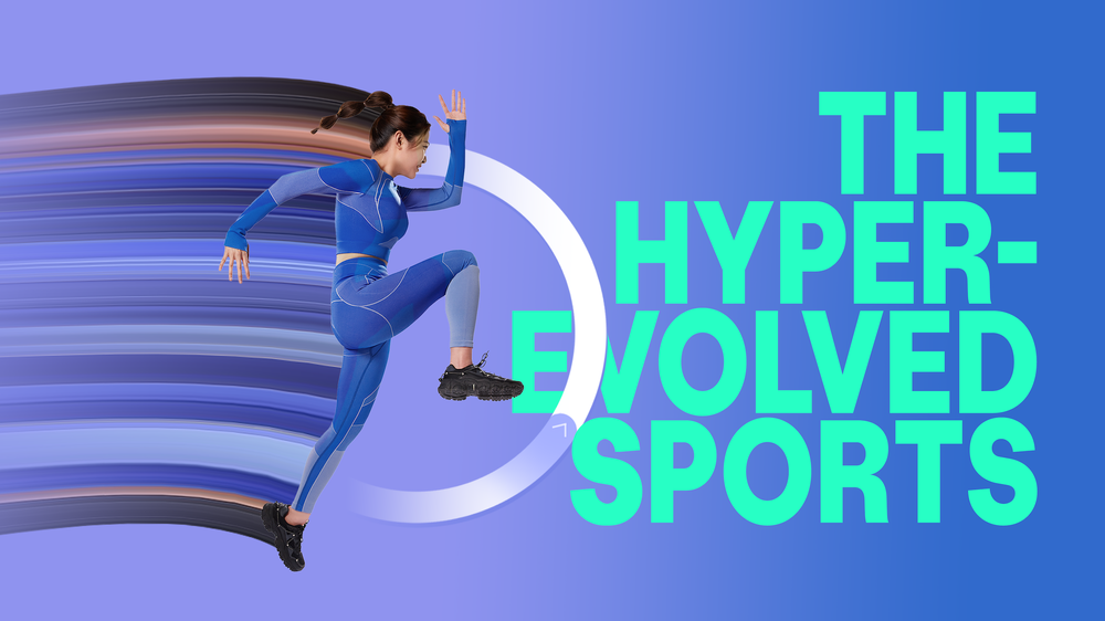 The Hyper-Evolved Sports campaign art: a woman in blue sportswear sprinting, trailing streaks of color