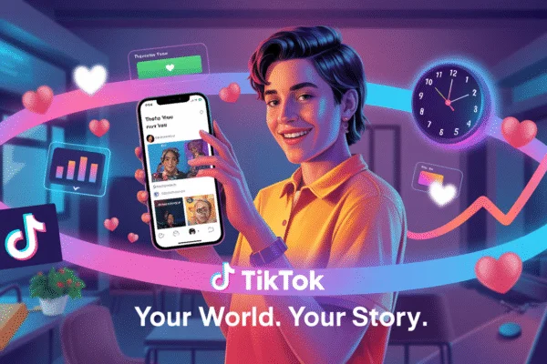 Illustrated TikTok ad: a smiling person holds up a phone feed amid hearts and a clock, with "Your World. Your Story."