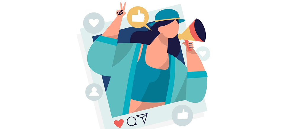 An influencer with a megaphone in a social media post frame, surrounded by likes and comments
