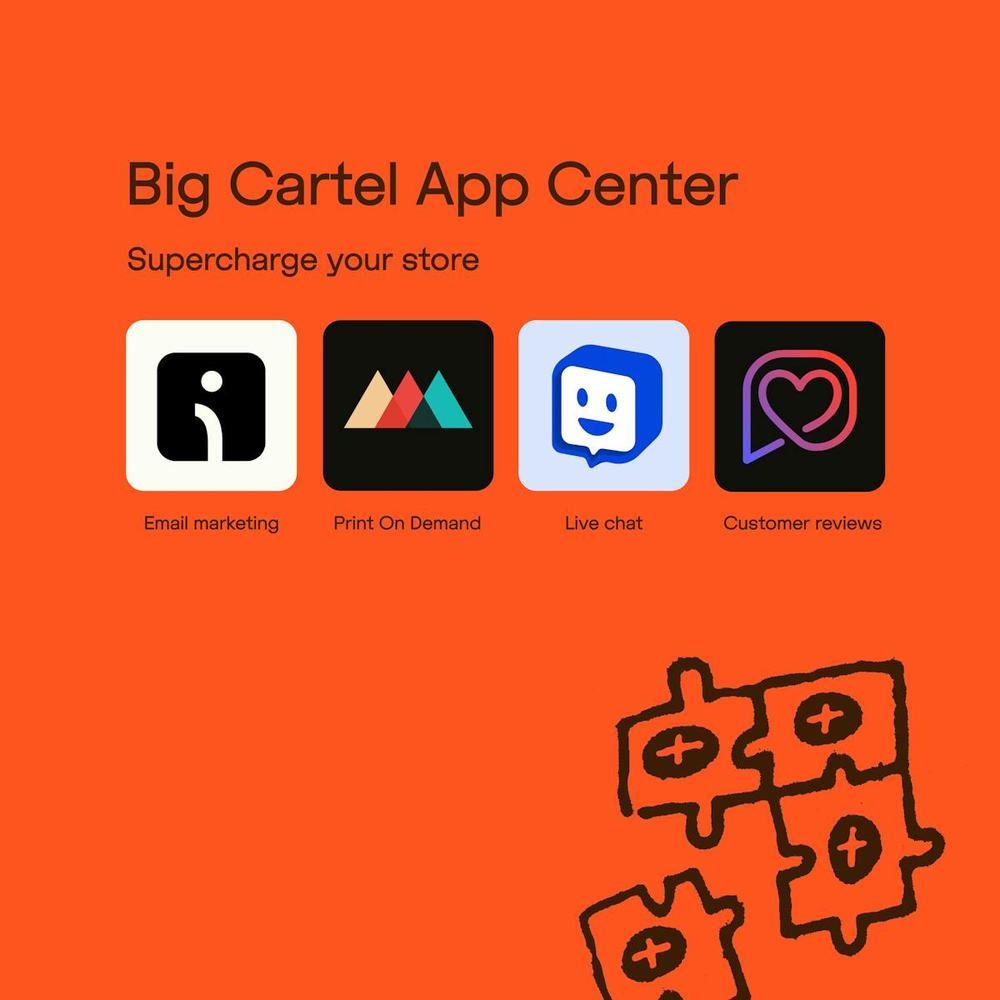 Big Cartel App Center: email marketing, print on demand, live chat and customer reviews app icons on orange