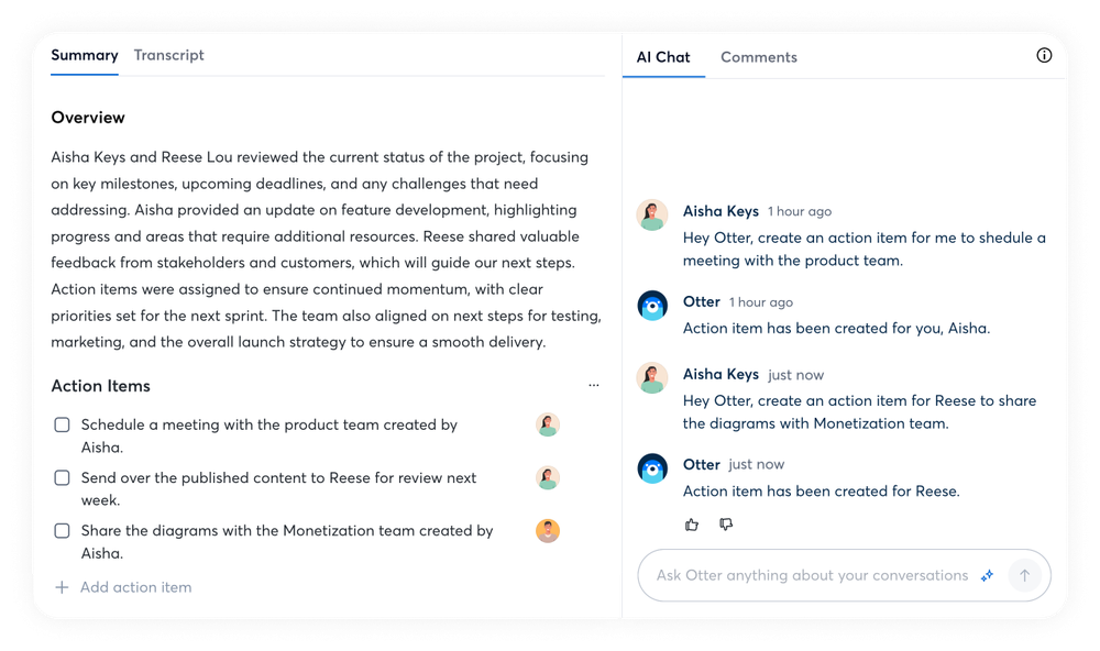 Otter.ai meeting summary with action items, beside a chat where Otter creates action items on request