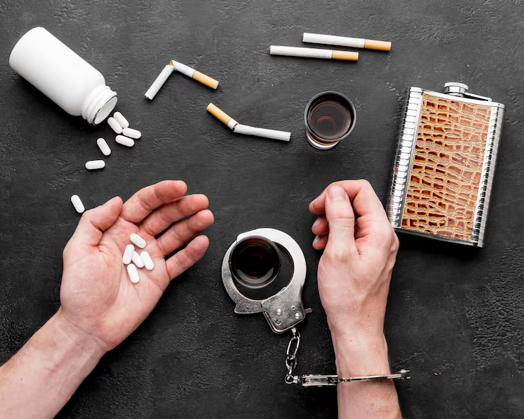 Hands beside spilled pills, broken cigarettes, a liquor flask and glass, one wrist in handcuffs