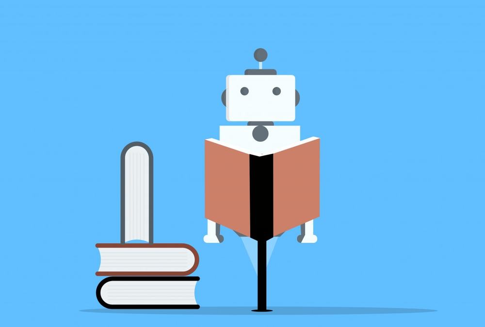 Cartoon robot reading an open book beside a stack of books on a blue background