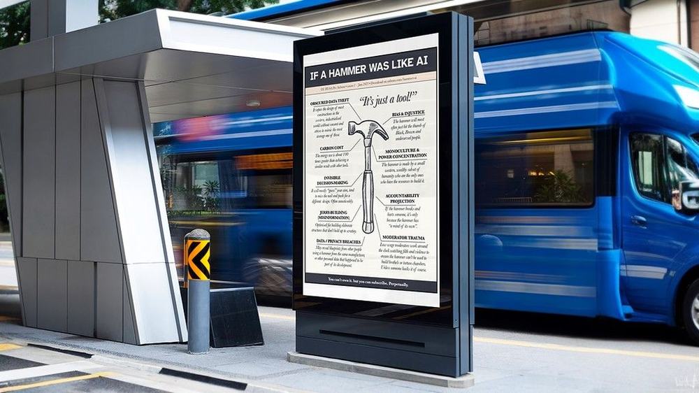 Bus-stop poster titled If a Hammer Was Like AI, listing harms such as data theft, bias and carbon cost around a hammer